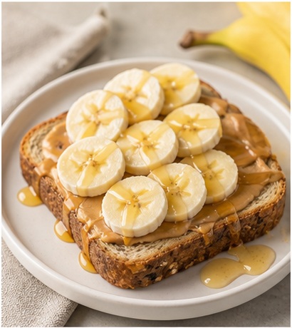 Banana peanut butter toast with banana slices and honey