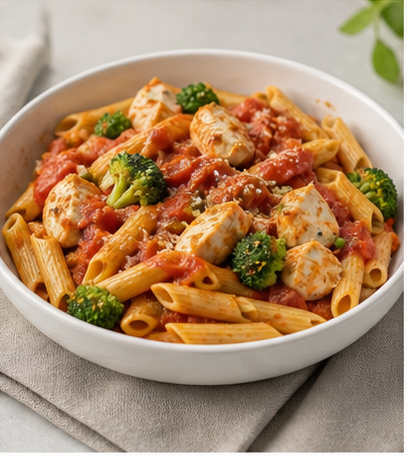 Pasta bowl with tomato sauce, chicken, and vegetables