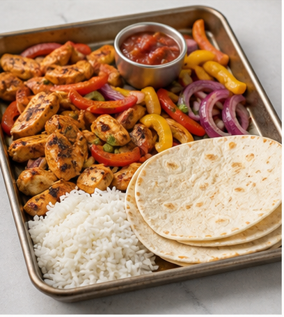 Sheet-pan taco ingredients with tortillas, rice, peppers, and salsa