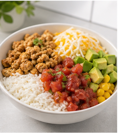 Rice bowl with turkey, avocado, corn, salsa, and cheese